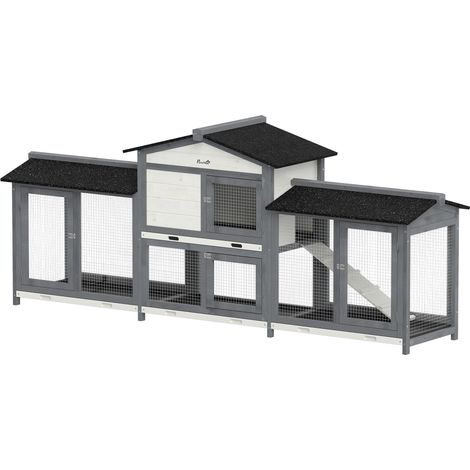 PawHut Rabbit Hutch, Guinea Pig Hutch, 2-Tier Bunny House w/ Run, Grey (1/5)