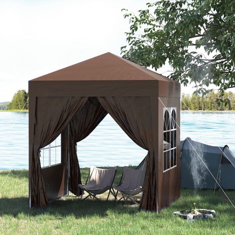 Padiglione pieghevole, tenda da birra, 4 pannelli laterali rimovibili, 2 finestre, struttura in metallo, 2 x 2 m, marrone
