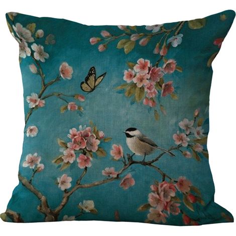 Housse De Coussin - Motif Fleurs Et Oiseaux - Coton Et Lin - Pour Salon Chambre Voiture - 45x45cm (1/2)