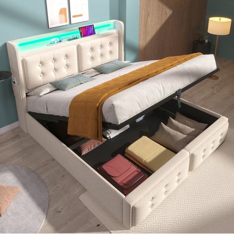 Cama con almacenaje 180x200 cm en tejido algodón-lino beige, LED y USB-C – MEUBLIV (1/5)