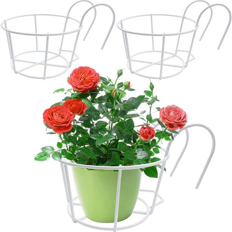 Lot de 3 supports de pot de fleurs ronds à suspendre - En métal - Pour balcon, balcon, jardin, balustrade, clôture - Blanc (1/4)