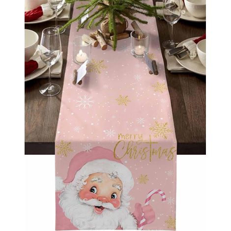 33 x 90 cm, Tischläufer „Frohe Weihnachten“ mit einem lustigen Weihnachtsmann auf einer rosa Kommode, geeignet für winterliche Partys im Innen- und Außenbereich