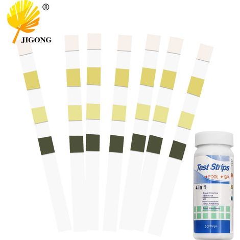 Bandelettes de test de qualité de l'eau 4 en 1 (50 bandelettes, 1 flacon) - Bandelettes de test pour aquarium et piscine, bandelettes de pH, bandelettes de test de chlore résiduel (1/5)
