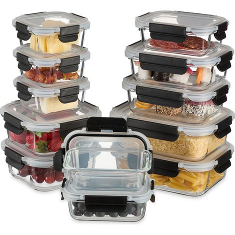 Relaxdays – Lot de 12 récipients en verre hermétiques – 5 tailles – Résistance thermique -20°C à 400°C – Empilables pour rangement compact