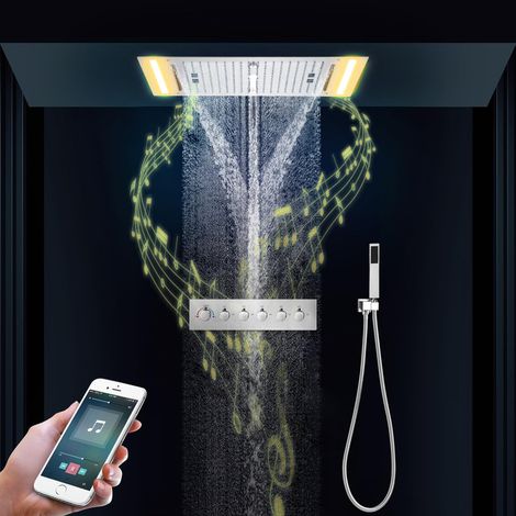 Musik Duschsystem Chrom mit Thermostat Unterputz, LED 64 Farben Duschgarnitur Regendusche Ohne Armatur, Multifunktionales Duscharmatur Komplettse mit 638x338mm Duschkopf, Handbrause (1/5)