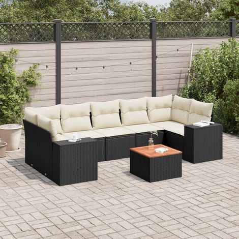 Ensemble Jardin 8 Places Résine Tressée Noir avec Coussins Crème - Salon d'Extérieur Modulaire en Polyrotin avec Table Acacia (1/3)