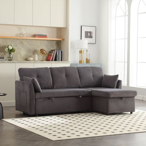 Sofá cama modular en terciopelo acanalado gris oscuro, con almacenaje, chaise longue intercambiable y convertible en cama para salón e invitados – CHICFURN (1/5)