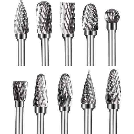 Fraises sur tige en Carbure de Tungstène à Double Coupe, 10 pièces Kit de fraises rotatives de 1/8” Tête d'affûtage de 6 mm (1/3)
