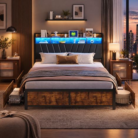 JOOKGBD - Letto contenitore 160x200 cm, letto matrimoniale, letto imbottito,letto con LED e USB, 4 cassetti contenitori, testiera con ripiano, rete a doghe inclusa, metallo, nero (1/5)