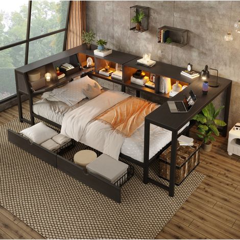 Letto 90x200 cm con 2 cassetti e illuminazione a LED, scrivania integrata, testiera contenitore, in metallo e MDF nero (1/5)