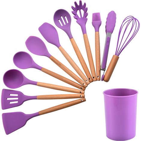 Lot de 12 ustensiles de cuisine en silicone violet avec manche en bois, ensemble coloré pour la cuisine.