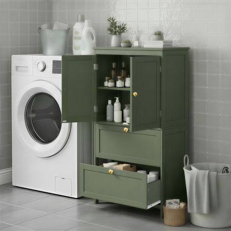 Vasagle – Meuble bas de salle de bain 2 portes 2 tiroirs – Étagères réglables – Dimensions 30 x 60 x 110 cm – Panneau MDF vert