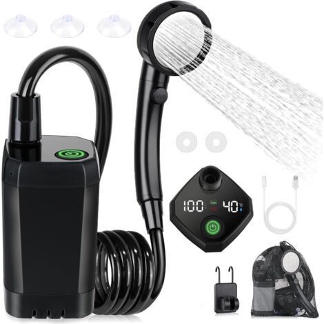 Kit Douche de Camping, Douche Portable,Pompe de Douche Électrique Rechargeable,Imperméable, avec Afficheur Intelligent et Pomme de Douche 4 Modes pour Extérieure,Camping,Randonnée (1/5)