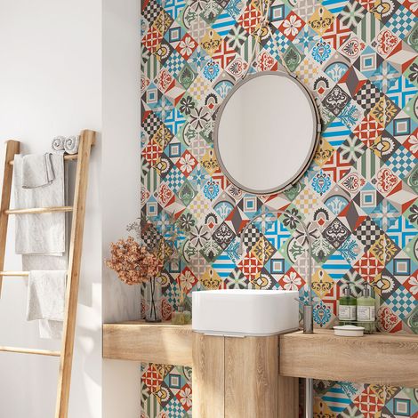 Crédence adhésive salle de bain - Motif carreaux de ciment - 60x60 cm - Adhésif + Protection BRILLANTE (1/4)