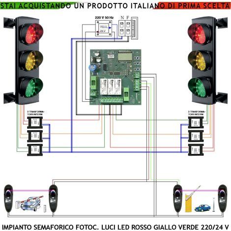 Kit Semaforo 24 Led Rossi 24 Led Gialli 24 Led Verdi 230 V 50 Hz 3W CE IP65 Orientabile 180° Funzioni Controllate da 2 Coppie di Fotocellule Tempi Regolabili da 3 a 240" Ingresso Uscita Veicoli Garage (1/5)