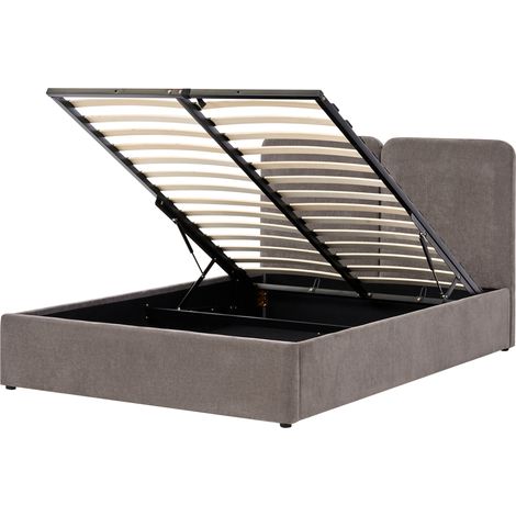 Cama con almacenaje elegante con cabecero tapizado en chenilla base elevable somier de láminas gris pardo 140 x 200 cm Arbois