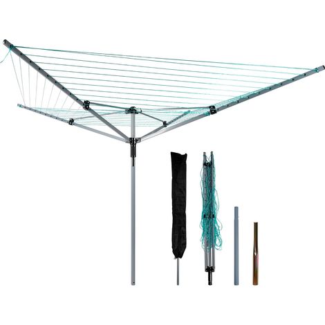 Séchoir à linge rotatif d'extérieur avec douille de sol - Housse de protection - 60 m - Corde à linge stable pour le jardin - Gris + vert (1/5)