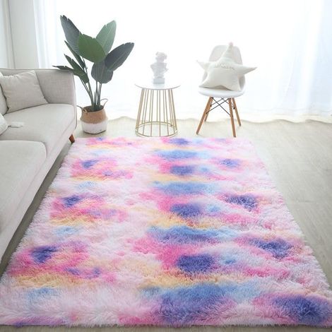 JSSEVN - Knot-dyed plush rug for bedroom - Soft, long-pile, non-slip plush rug that doesn't shed - modern rug (1/2)