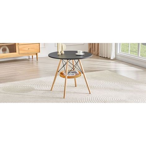 Table à Manger Ø 80 cm plateau MDF noir pieds en bois massif corbeille de rangement tressée suspendue 2 à 4 personnes (1/5)