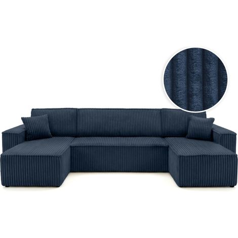 Canapé d'angle panoramique convertible 6 places FARAH en velours cotelé épais - Bleu foncé (1/5)
