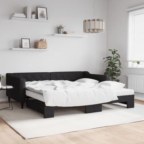 Tagesbett Ausziehbar mit Matratzen Schwarz 100x200 cm Stoff