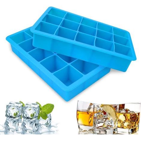 Lot de 2 moules à glaçons en silicone, démoulage facile, 15 glaçons par moule, pour chocolat, whisky, cocktails et autres boissons (bleu) (1/5)