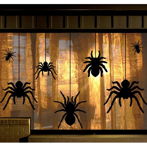 Décorations d'Halloween pour fenêtres : 7 autocollants extra larges en forme de silhouette d'araignée noire effrayante, pour décorer l'intérieur des maisons, des écoles et pour la période d'Halloween.