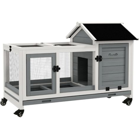 Grey Wooden Rabbit Hutch and Guinea Pig Cage with Removable Tray and Wheels for Easy Mobility (1/5)