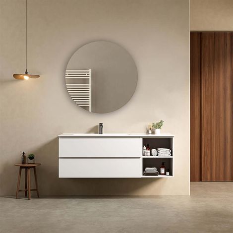 Mobile bagno sospeso 140 cm Bianco Lavabo a Sinistra in Resina Specchio Tondo - Fiji Paint Plus (1/4)