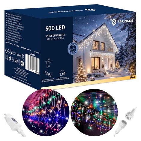 Cortina de luces LED multicolor de 500 luces, destello blanco frío guirnalda, luces interiores y exteriores de copos. (1/5)