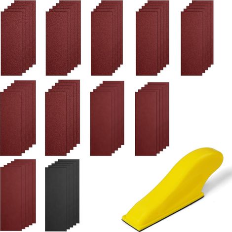 Papier Abrasif Grain, 75 Pièces Papier de Verre Sec ou à l'eau, Feuilles Abrasives avec Bloc de Ponceuse à Main, Papier Verre pour Poncage, le travail du bois, polissage et ponçage(90 30mm). (1/5)