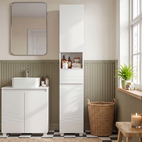 Meuble de Salle de Bain, 2 Portes, Tiroir, Niche Ouverte, Étagères Réglables, pour Salon, Chambre, 30x30x170cm, Blanc (1/5)