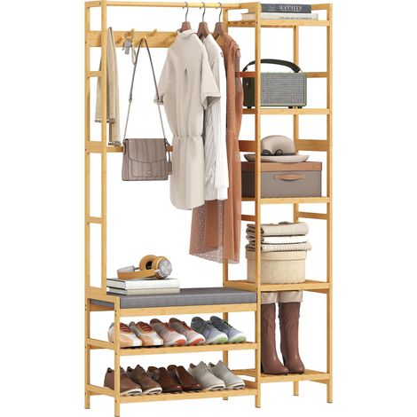 Portant à vêtements avec étagère à chaussures, crochets, banc avec coussin, pour entrée couloir, bois naturel (1/5)