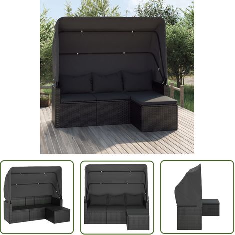 The Living Store 3-Sitzer-Gartensofa mit Dach und Fußhocker Schwarz Poly Rattan - Outdoor Möbel - Gartensofa - Esszimmergarnitur - Balkonmöbel - Lounge Set (1/5)