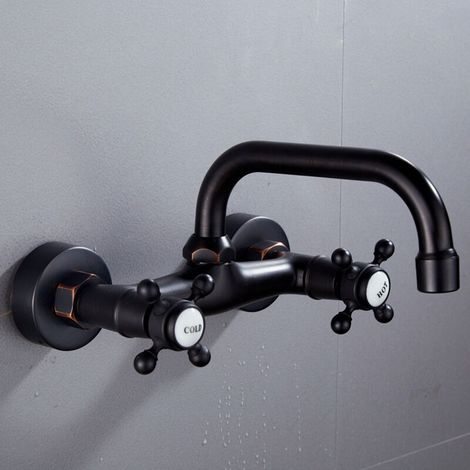 Mattschwarzer Küchenhahn zur Wandmontage, verstellbarer Mittelauslauf, zwei Kreuzgriffe, Mischbatterie für heißes und kaltes Wasser, 360° drehbar
