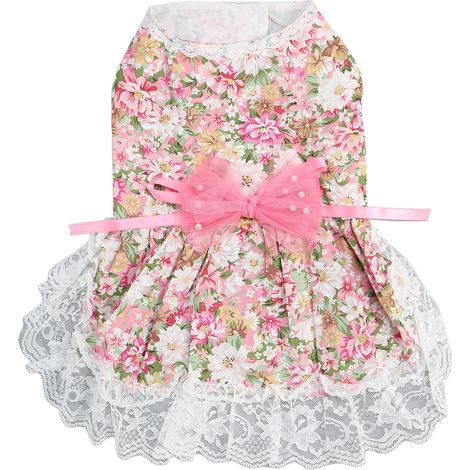 Robe pour chien douce et respirante - Chiot floral mignon et élégant avec nœud papillon pour un mariage quotidien, une fête d'anniversaire - Rose S (1/5)