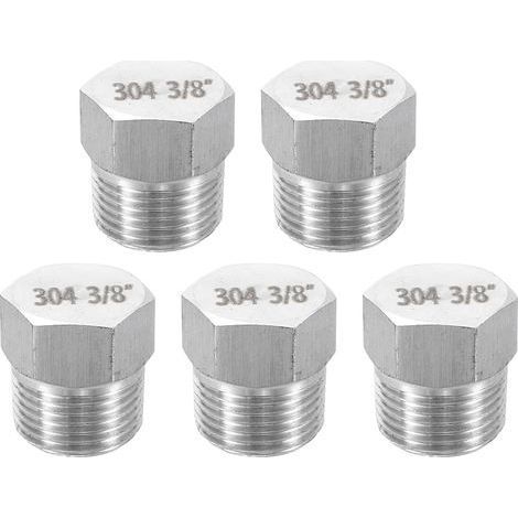 5Pcs 304 Inox Acier Tuyau Bouchon Raccord 3/8" PT Mâle Filetage Extérieur Hex Tête Capuchon Hexagonal Tête Bonde Bouchons Raccords pour Air Eau Huile Gaz Tube (1/5)