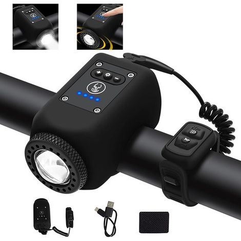 Bocina electrónica para bicicleta con luz y recargable por USB-C - Mini timbre para bicicleta con 6 sonidos y volumen ajustable. (1/5)