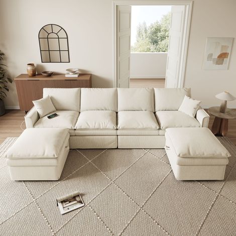 Canapé Panoramique Modulable 6 Places en U/L 277x135x80 cm, 2 Poufs Coffres, USB/Type-C, Ressorts Ensachés, Tissu Coton et Lin Beige (1/5)