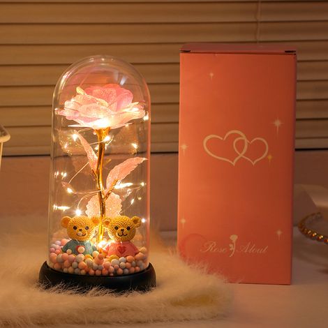 Bouquet de fleurs en feuille d'or, veilleuse lumineuse en acrylique rose, souvenir pour chambre ou bureau (1/4)