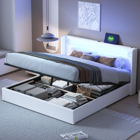 Lit double 160x200 cm sommier à lattes, coffre de rangement en cuir PU blanc, équipé de bande LED, haut-parleur Bluetooth et chargeur USB