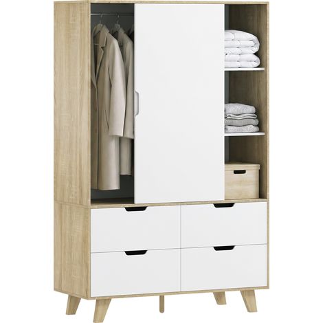 Armoire Chambre Penderie, 2 Portes Coulissantes, 4 Tiroirs, Barre de Suspension, Étagères Réglables, Chêne et Blanc (1/5)