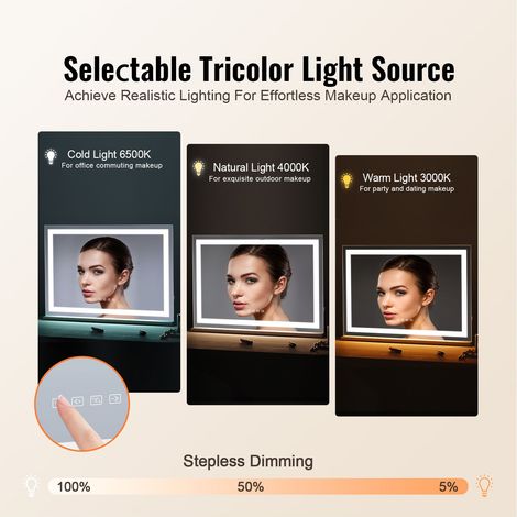 Miroir de maquillage LED 3 teintes avec Bluetooth USB sur meuble ou mural 55,1 cm (1/5)