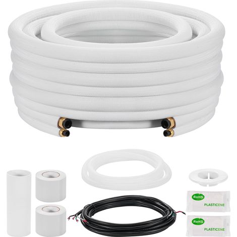 VEVOR Kit Liaison Frigorifique Tuyau en Cuivre Mini-split 9,5 mm 15,9 mm Diametre Exterieur, 7,6 m Longueur, Bobine Isolee en PE Blanc Epais 9,5 mm avec Ecrous, Raccords, pour Mini Climatiseurs Split