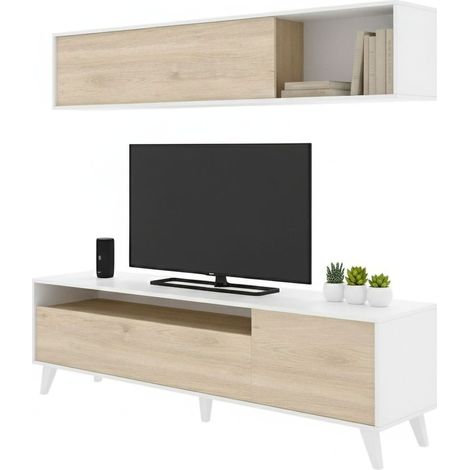Dmora - Wohnzimmermöbel Arusha, Modulares Wohnzimmerset, Mehrzweck-Wohnzimmermöbel, Moderner TV-Schrank, 180x41 h180 cm, Weiß und Eiche