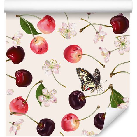 Papel pintado con frutas, cerezas, flores y mariposas para salón y dormitorio, 50x1000 cm. (1/5)
