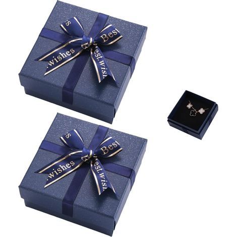 Lot de 2 boîtes cadeaux avec arc en ruban et couvercle, boîte à bijoux, petites boîtes à bijoux en carton avec éponge, pour bagues, boucles d'oreilles, colliers et bracelets (bleu) (1/5)