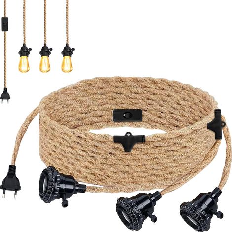 Douille de lampe E27 avec câble de lampe vintage, douille E27 avec câble de lampe de 6,8 m, corde de chanvre torsadée avec lampe suspendue, 3 ampoules, douille de lampe avec interrupteur (1/5)