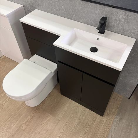 Waterproof Vanity Suite 1100mm Basin Toilet Unit L Shape Black Modern Right Hand, Without Tap & Waste