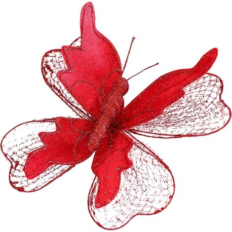 Bruchsichere Schmetterlingsdekoration aus Netzgewebe für den Weihnachtsbaum, 22 cm, glitzernde Flügel, für drinnen und draußen, Feste, Partys, Rot (1/5)